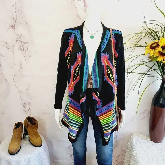 First Nice Tribal Pattern Soft Knit colorful open draped cardigan sweater - Picture 4 of 8